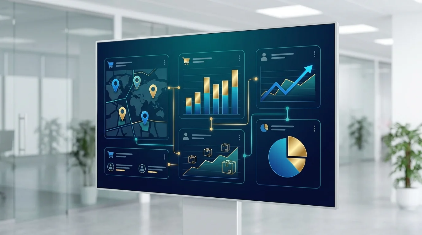 Data visualization dashboard showing real-time inventory levels and customer behavior metrics across different sales channels with clean blue and gold accents.