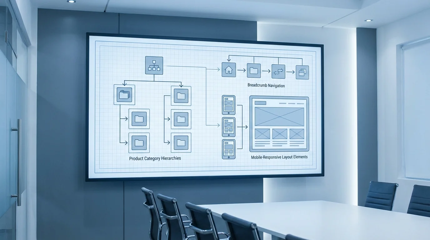 A technical blueprint of an e-commerce website architecture highlighting product category hierarchies, breadcrumb navigation, and mobile-responsive layout elements for SEO.