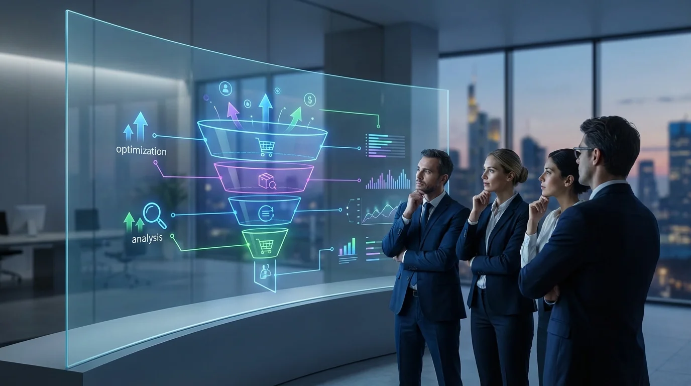Technical visualization of e-commerce funnel analysis, showing conversion rate optimization steps and digital marketing metrics on a high-tech interface for online retail managers.