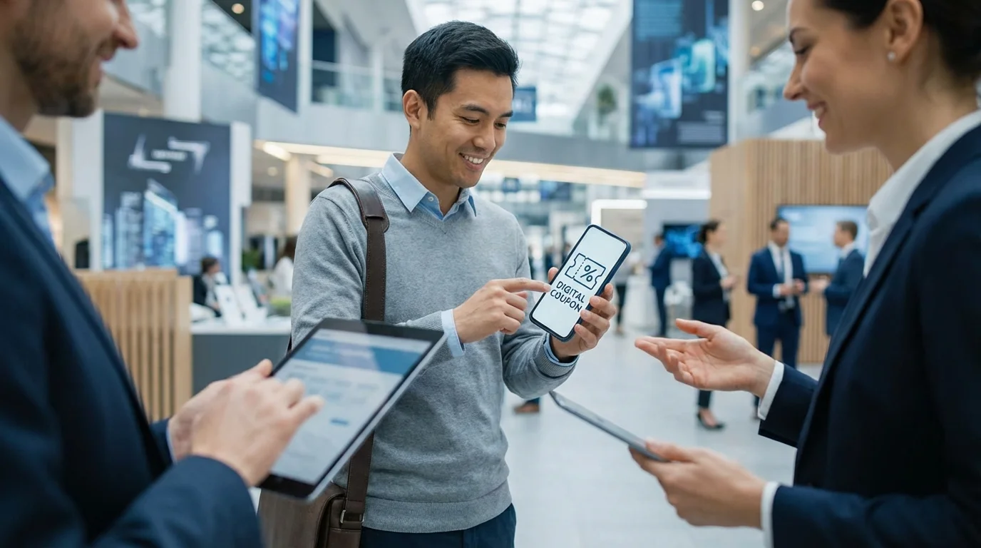 Business technology concept depicting a customer receiving a digital coupon on a smartphone, representing the seamless integration of CRM and sales promotions in a marketplace environment.