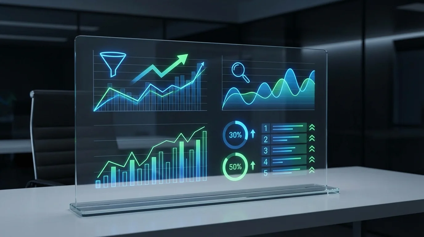 A high-tech digital dashboard displaying various e-commerce metrics such as conversion rates, search volume, and ranking positions on a sleek interface.