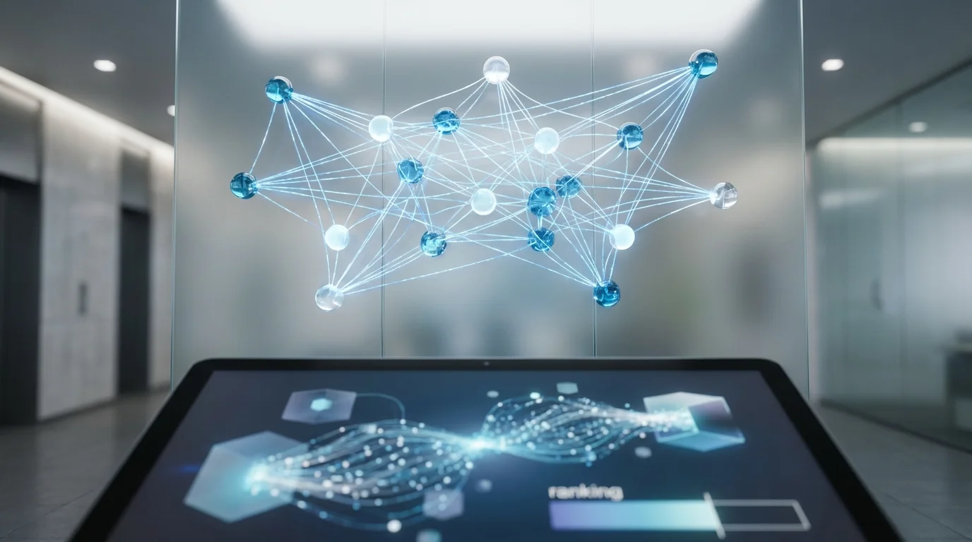 An abstract business concept showing interconnected nodes and data points representing a complex scoring algorithm for product ranking in a digital marketplace environment.