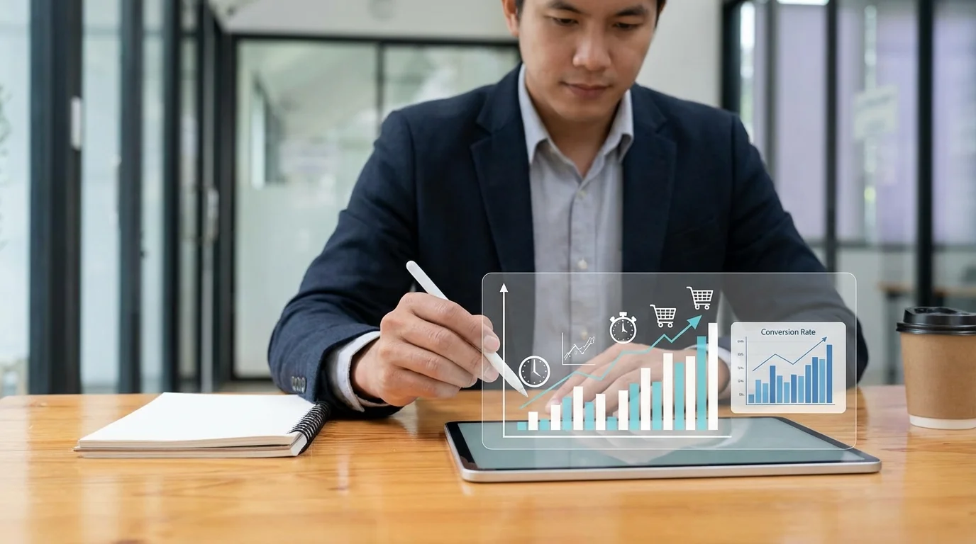 A business person analyzing conversion rate optimization graphs on a tablet, focusing on the correlation between fast delivery badges and sales growth in online marketplaces.