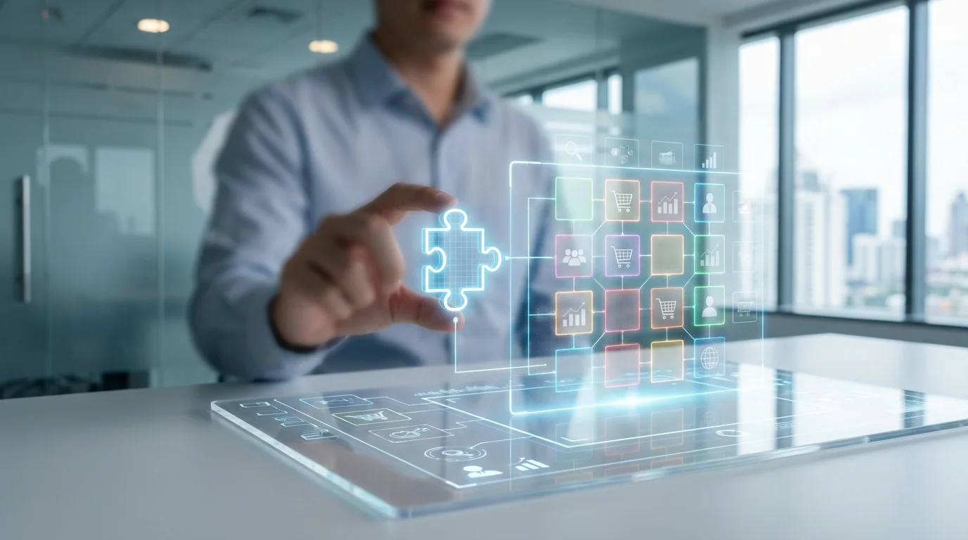 A conceptual image representing product market fit with a puzzle piece being placed into a complex grid of consumer needs and market availability within the digital retail space.