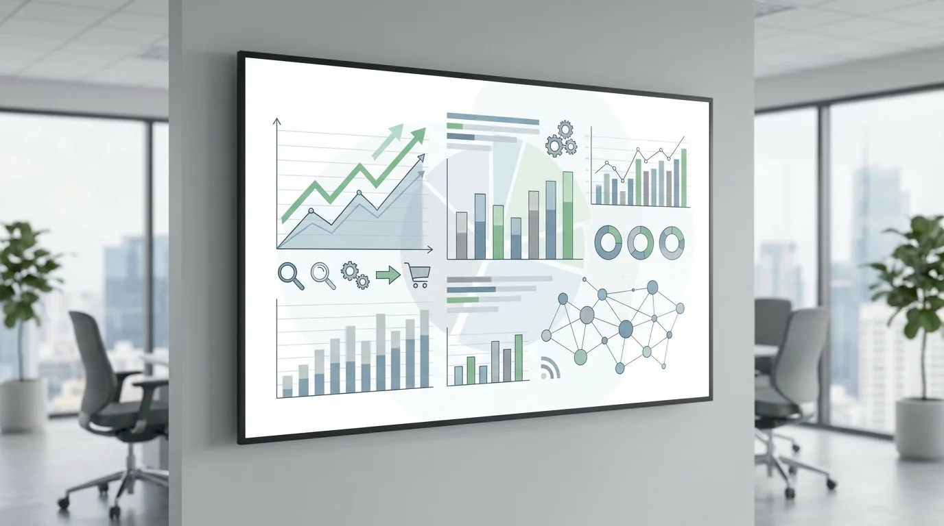 Technical business dashboard showing search engine optimization metrics, data analytics, and performance growth indicators for an e-commerce platform.