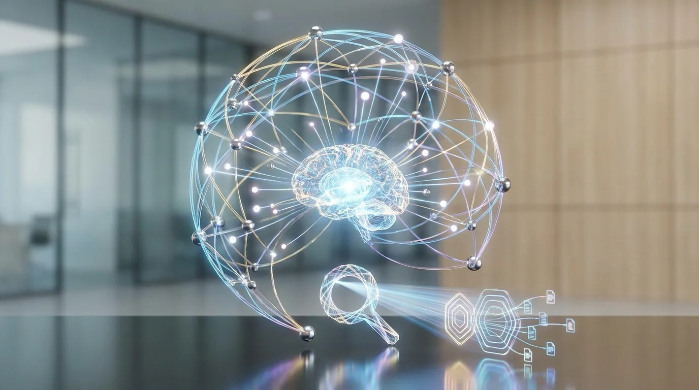 Abstract representation of a neural network and artificial intelligence processing information, symbolizing semantic search and advanced SEO algorithms.