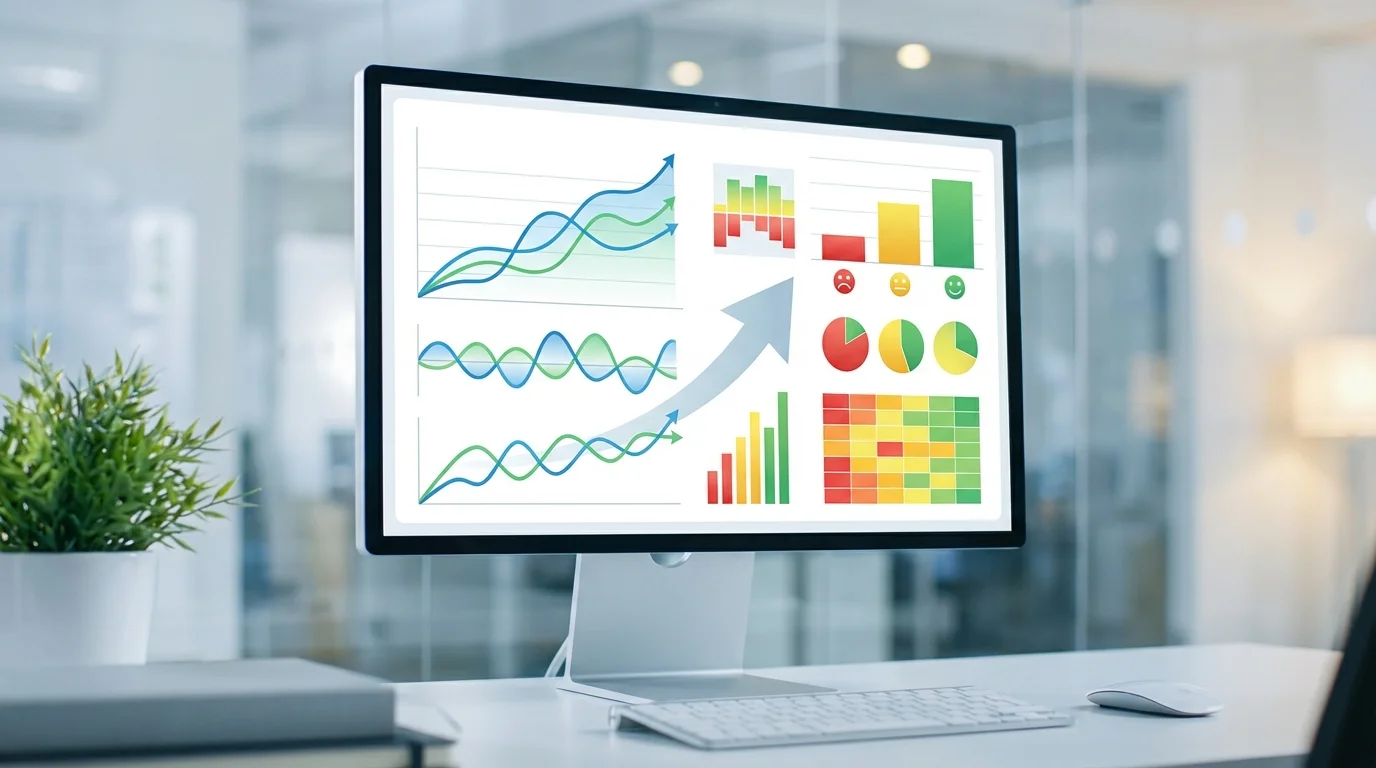 Data visualization dashboard showing search engine ranking fluctuations and sentiment analysis metrics for an e-commerce enterprise, illustrating the impact of reputation management on business growth.