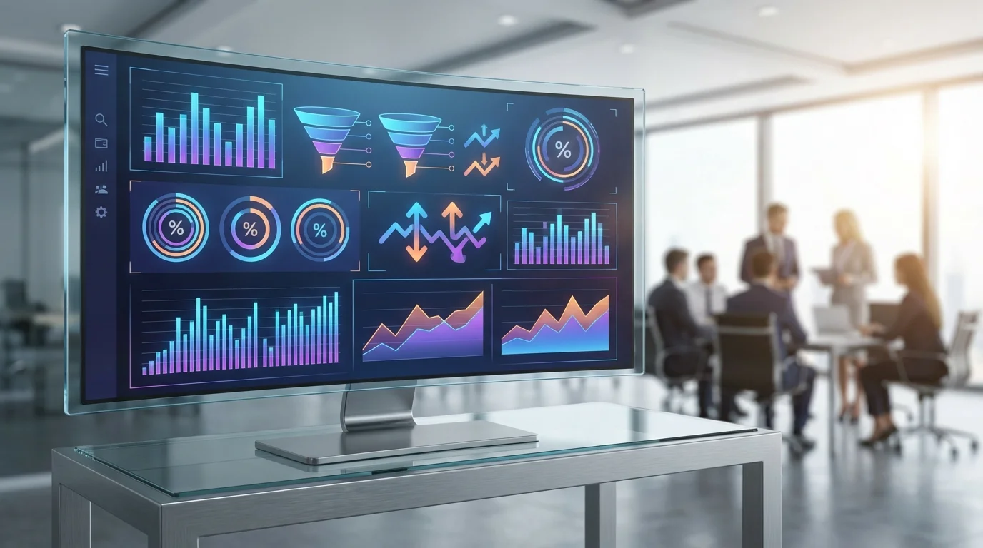 High-tech digital dashboard showing complex e-commerce analytics, including click-through rates, conversion funnels, and return on advertising spend for professional digital marketers.