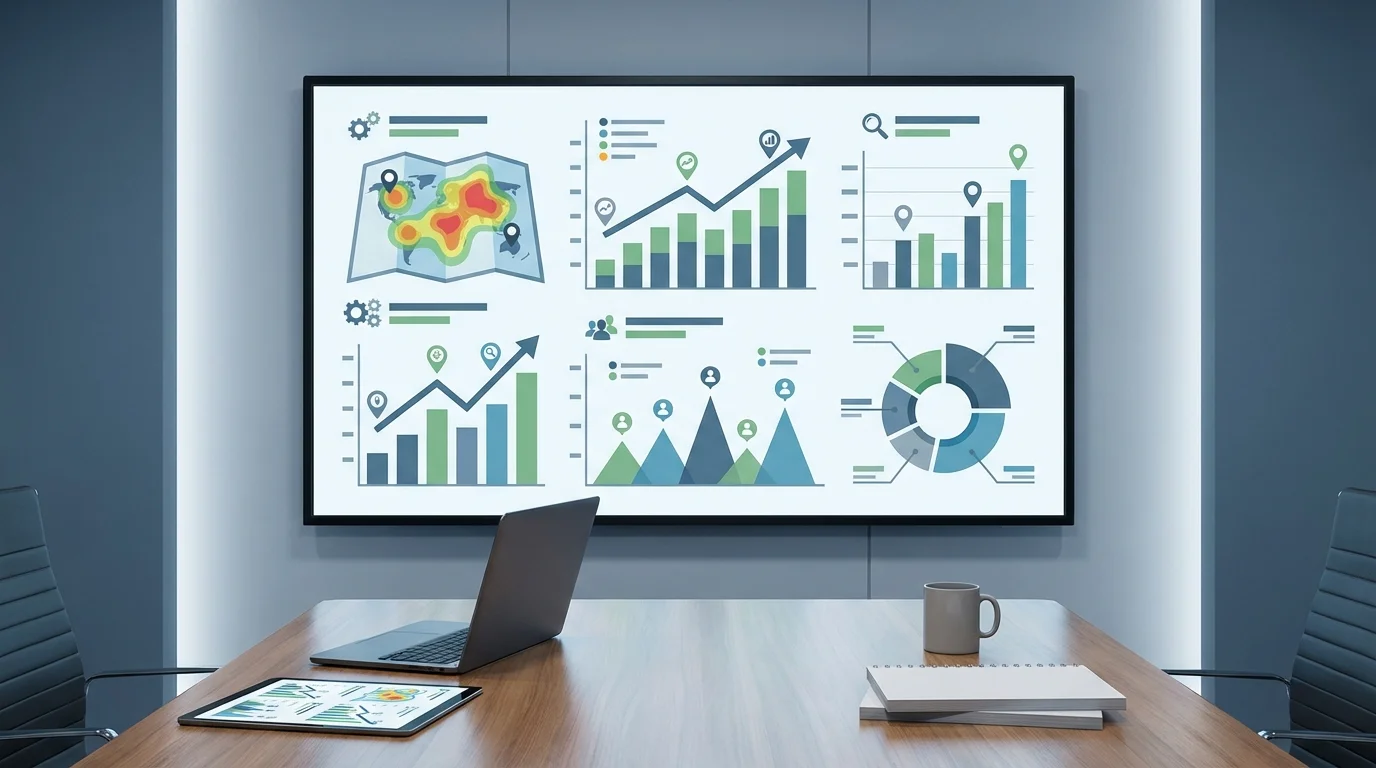 Professional data analysis showing local SEO metrics and ranking factors, including geographic relevance and user engagement charts, designed for business presentation.