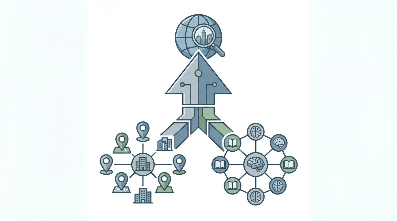 Structural diagram of content SEO architecture, illustrating how local landing pages and topical authority contribute to overall search engine rankings in a competitive urban market.