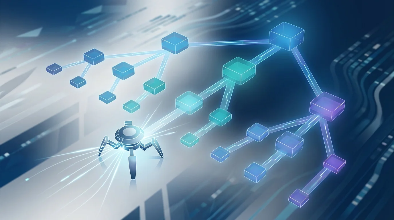 An abstract technical illustration of a search engine crawler spider moving through a complex hierarchical website structure. The image depicts nodes and edges representing product categories, subcategories, and individual item pages in a logical flow.