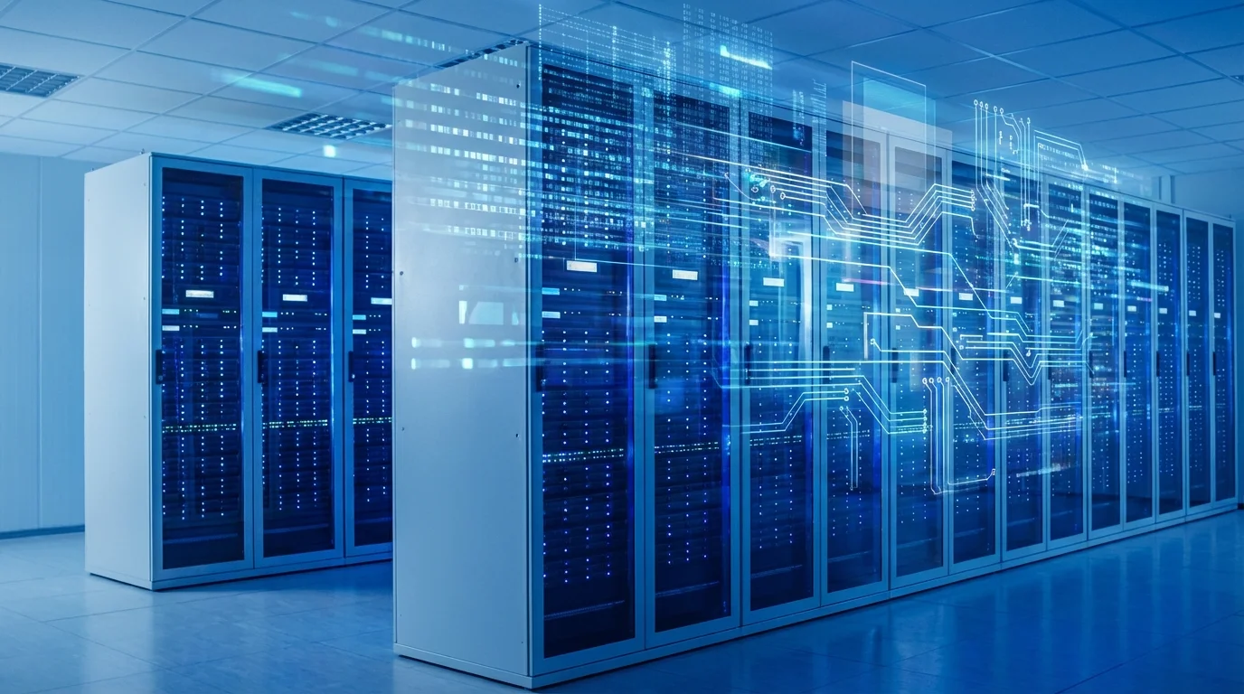 A high-tech server room environment showing data processing and storage visualization. Blue neon lights and digital overlays signify the speed and efficiency of server response times and the rendering process of a modern e-commerce platform.