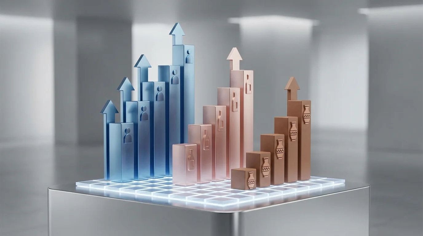 A detailed analytical chart displaying the growth rates of various Japanese export categories including anime collectibles, luxury cosmetics, and traditional ceramics in the global e-commerce market using 3D bar elements.