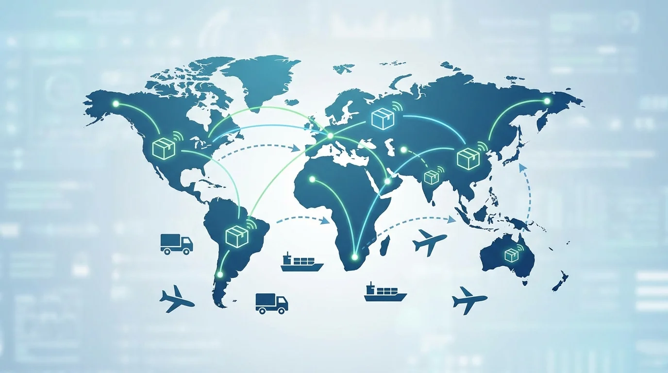 An illustration of global logistics and supply chain management for cross-border sales, showing packages moving globally with digital tracking icons and efficient delivery routes.