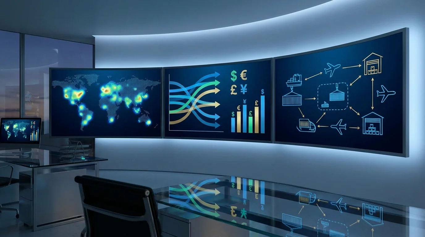 A high-tech dashboard displaying global sales metrics, currency conversion rates, and inventory flow diagrams for international e-commerce management.