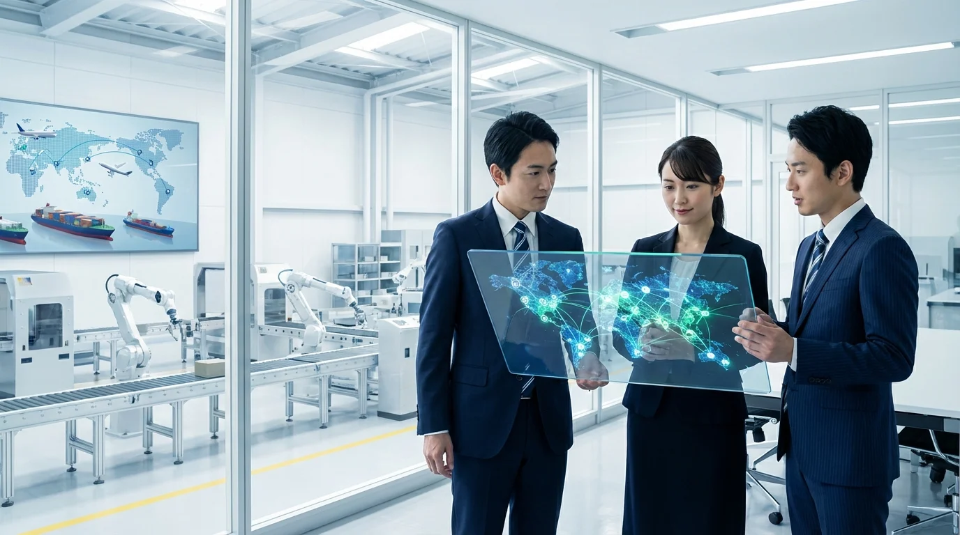 A professional business environment illustrating the integration of local manufacturing with global logistics networks, featuring digital tablet screens showing supply chain optimization paths.