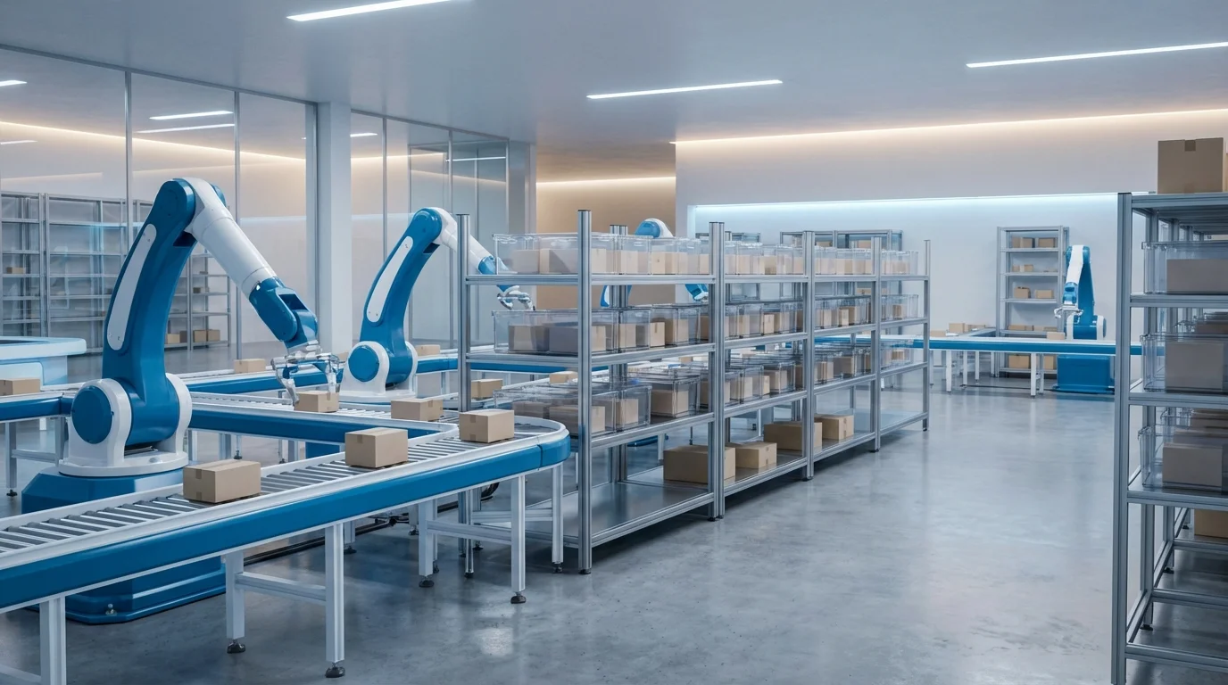 An automated logistics center with advanced robotic sorting systems and organized shelving units, representing the efficiency of modern fulfillment services that handle global distribution for small to medium-sized manufacturers.