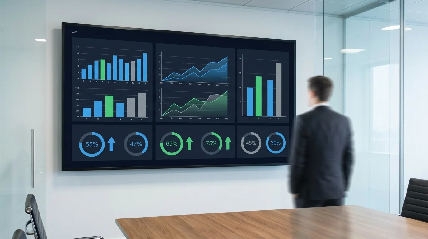 A sophisticated business data dashboard showcasing financial statistics and procurement metrics. The visualization includes bar graphs, line charts, and percentage indicators that represent cost reduction and operational efficiency in a corporate environment, focusing on professional data analysis and strategic decision-making support.