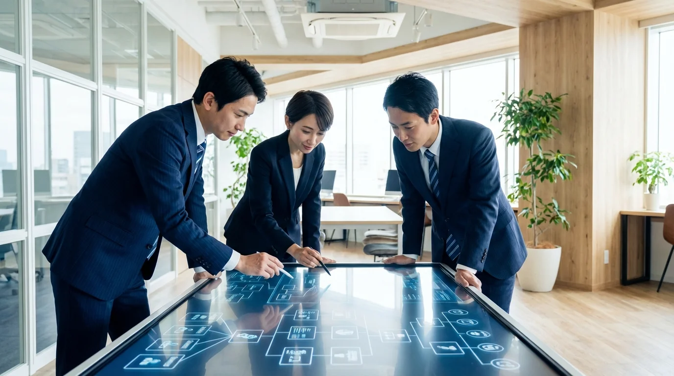 Corporate professionals collaborating in a modern workspace, focusing on a digital interface for workflow management. The scene illustrates the concept of strategic business planning, team coordination, and the implementation of governance structures through advanced software tools, highlighting professional synergy and organizational control.