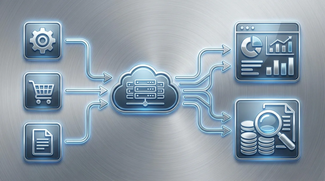 A detailed technical diagram showing the interconnected nature of a B2B procurement system where multiple departmental users access a centralized cloud platform for purchasing management and spend analysis.