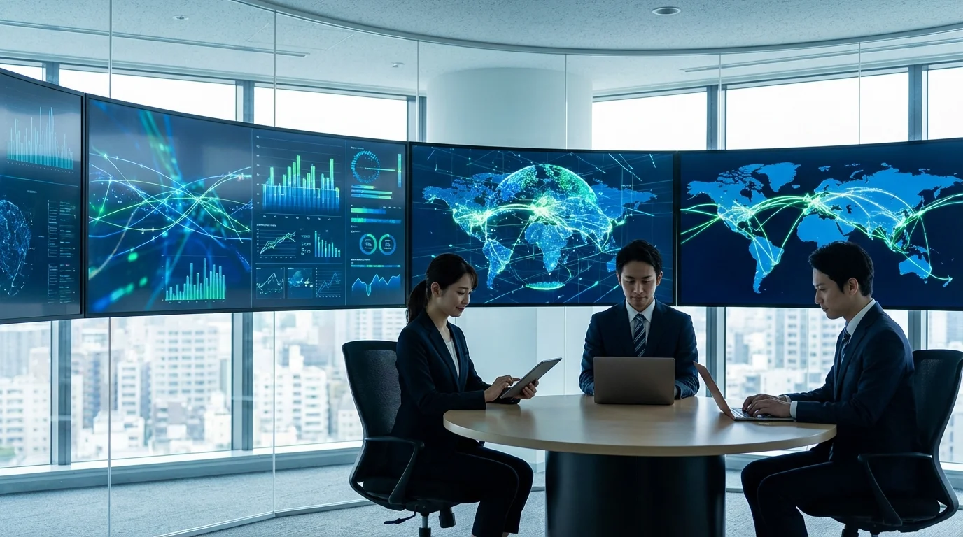 A high-tech business environment showing digital supply chain management tools and global maps on screens, emphasizing the efficiency of cross-border e-commerce logistics and procurement.