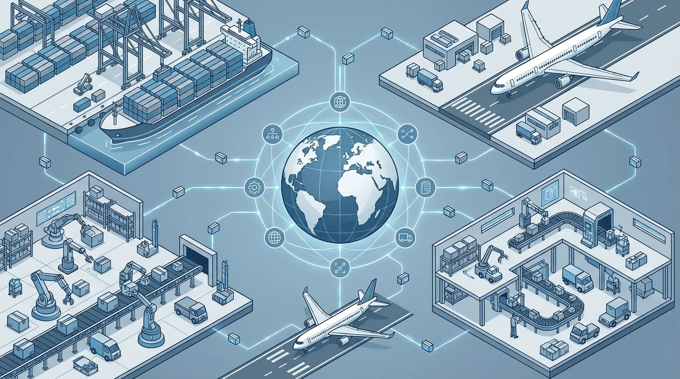 Highly detailed technical illustration of a global supply chain network including cargo ships, airplanes, and automated warehouses, representing the complex infrastructure of international fulfillment and 3PL logistics required for cross-border EC.