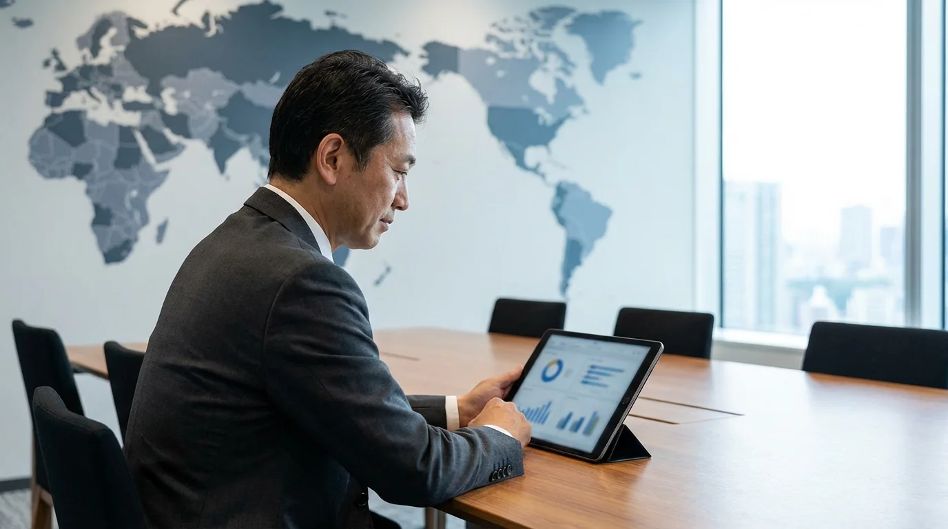 A professional business setting featuring data analysis charts on a tablet and a world map in the background, symbolizing strategic planning and market analysis for international business expansion and cross-border e-commerce.