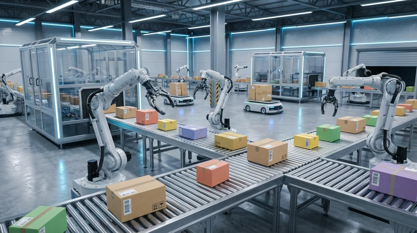 High-tech automated warehouse logistics with robotic arms and conveyor belts processing international parcels, illustrating the efficiency of Amazon FBA for global sellers.
