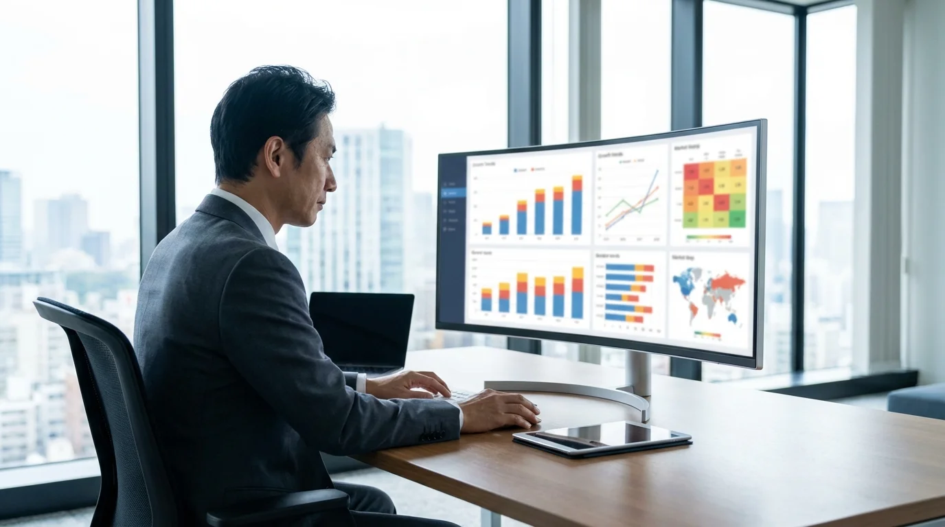 A business professional analyzing cross-border e-commerce metrics on a dashboard, with charts showing international sales growth and market penetration strategies.