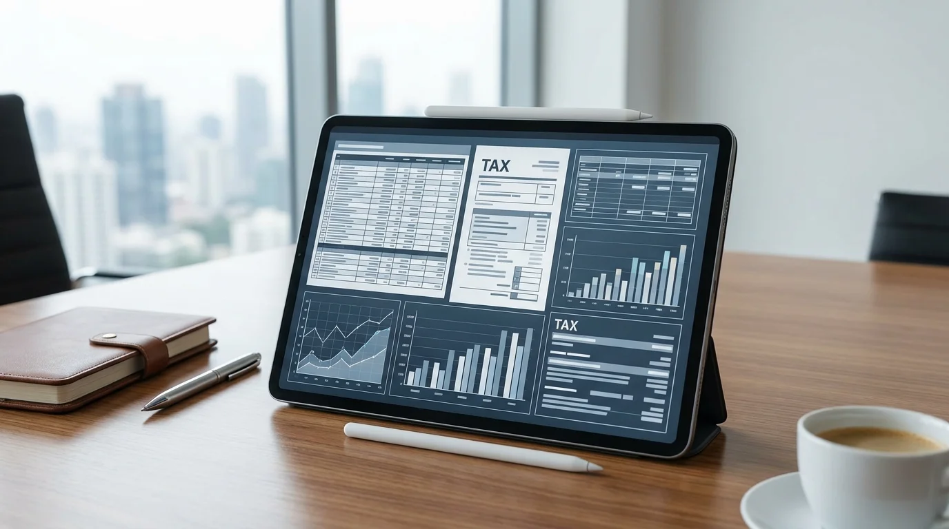 Professional high-definition view of a workspace with a tablet displaying complex financial spreadsheets and corporate tax documents for business management.