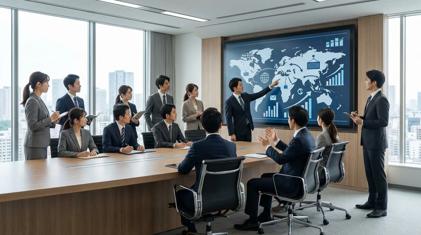A corporate meeting room where professionals analyze global market expansion strategies and supply chain logistics on a large interactive screen.