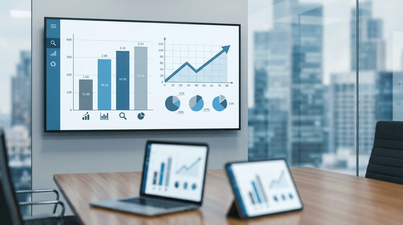 A professional data analytics dashboard showing procurement costs, inventory levels, and financial growth charts for a small business owner using digital tools to optimize their supply chain.