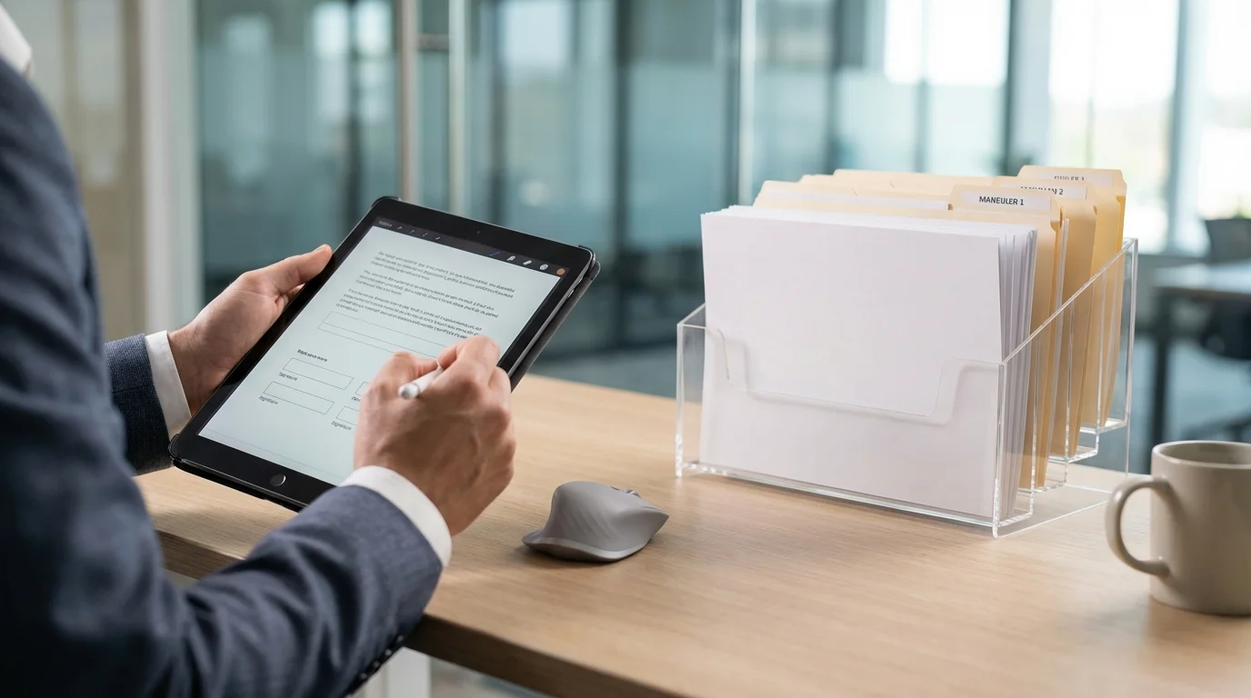 Close-up of a person signing digital financial documents and organizing invoices on a modern workspace, representing administrative efficiency in e-commerce.