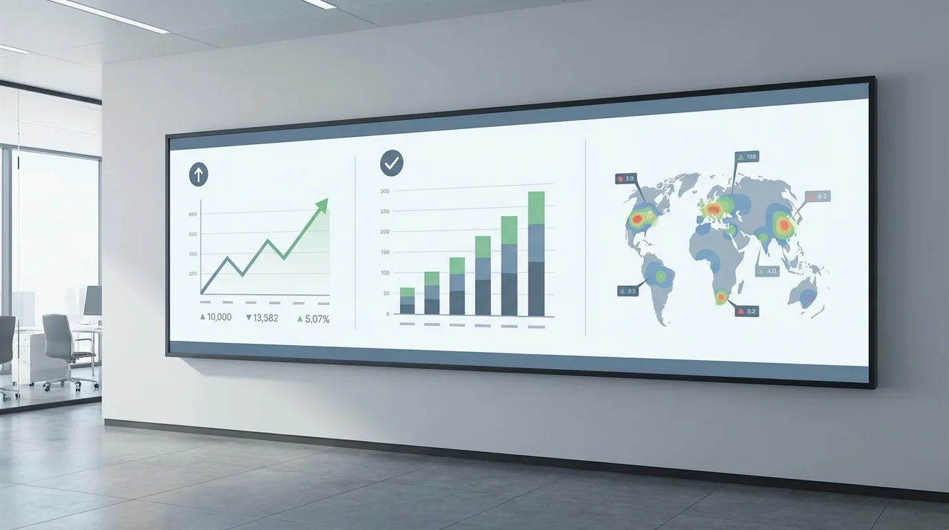 A dashboard showing search engine optimization metrics including organic traffic growth, keyword ranking improvements, and international domain authority scores, visualized through clean and modern data charts.