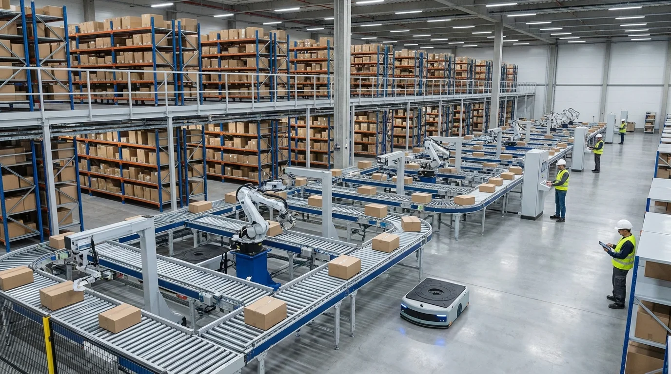 High-tech warehouse logistics center showing automated sorting systems and organized inventory shelves, representing the sophisticated infrastructure of Amazon Fulfillment Centers in the USA for cross-border e-commerce efficiency.