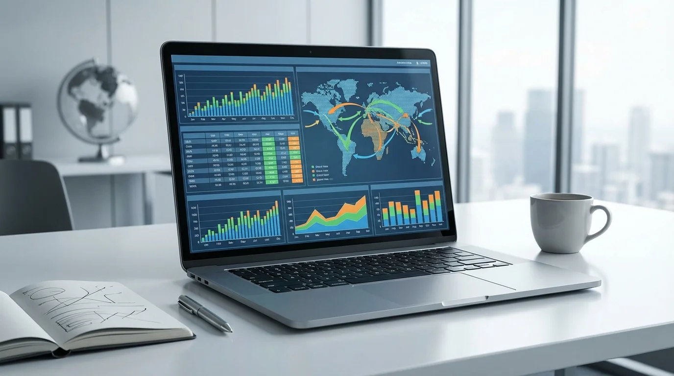 Professional business data analysis showing financial charts, spreadsheets, and global market trends on a laptop screen, illustrating the importance of logistics cost optimization and ROI calculations for selling on Amazon USA.
