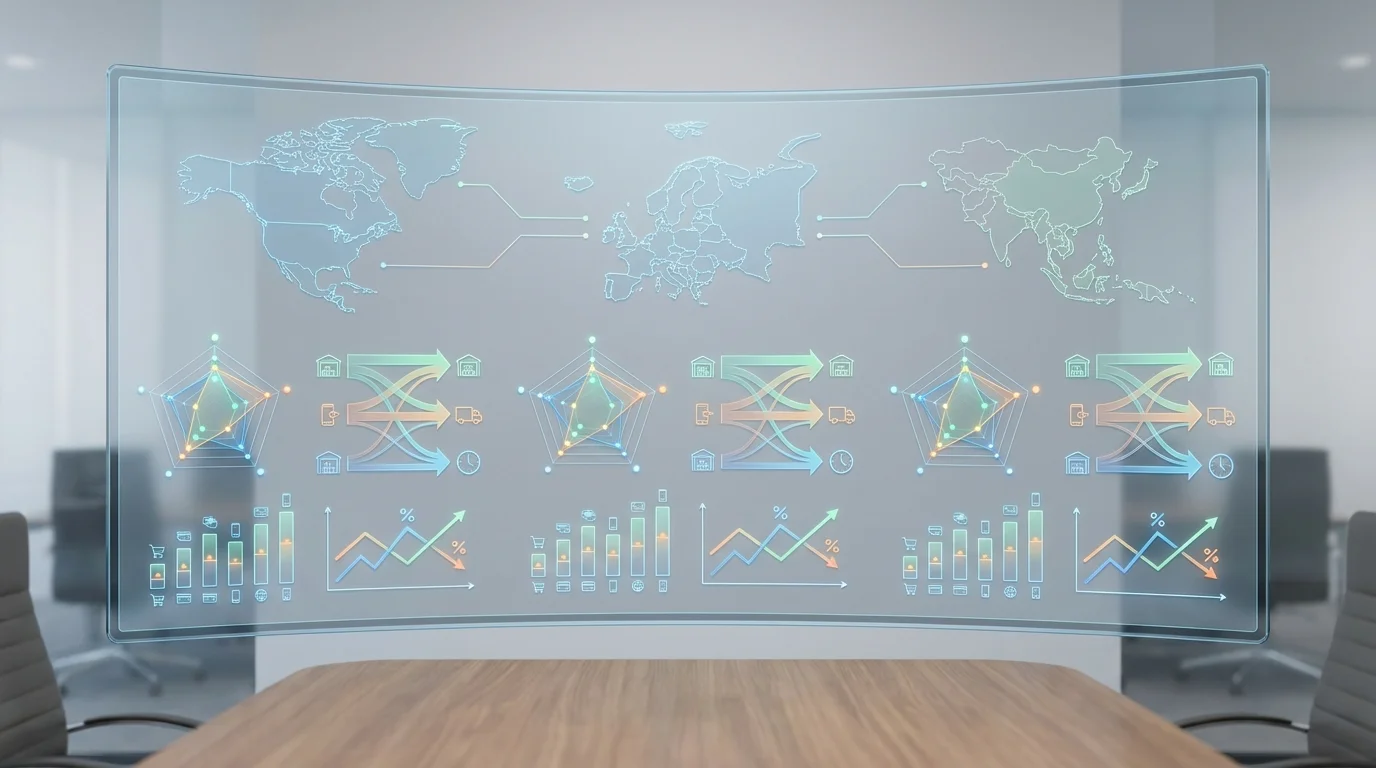 A detailed data visualization showing comparative market analysis for Amazon regions including North America, Europe, and Asia Pacific, focusing on consumer behavior and logistics efficiency metrics.