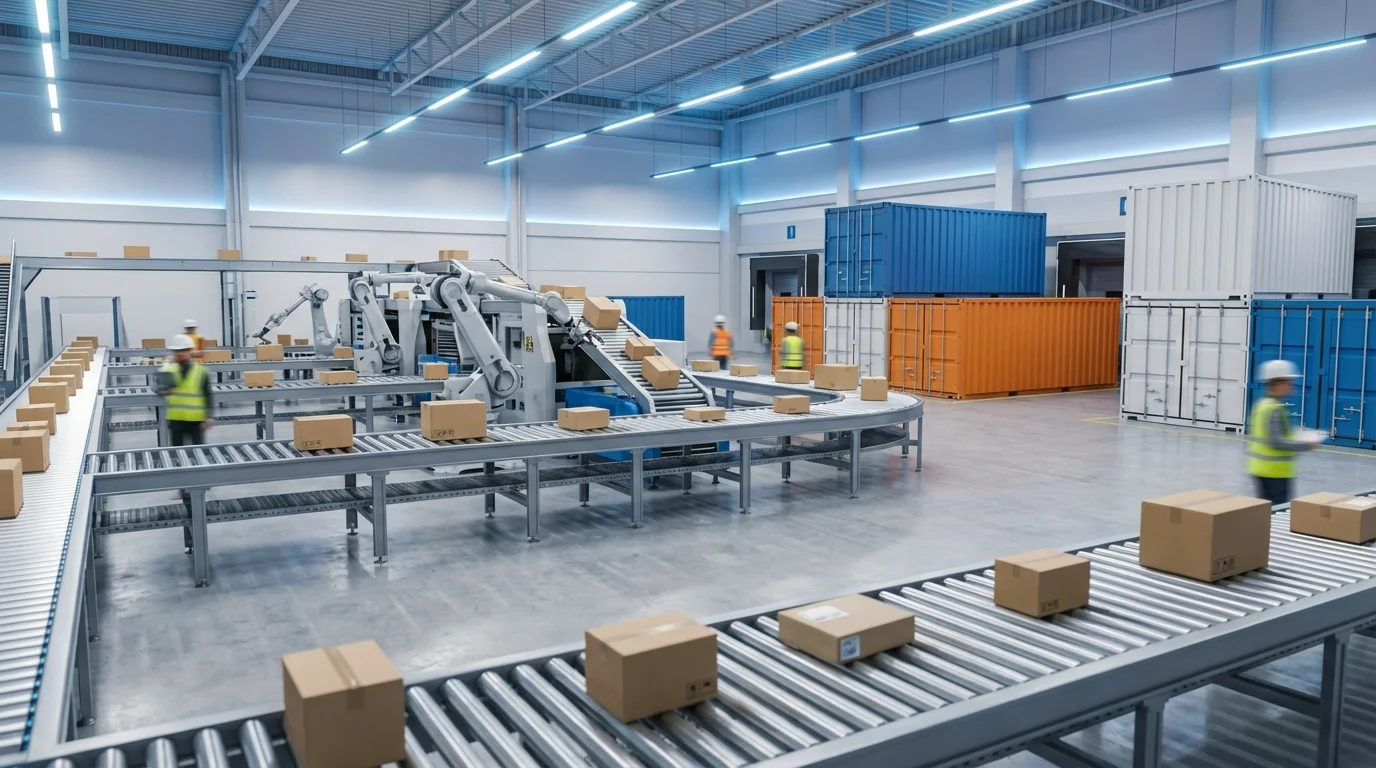 A high-tech Amazon fulfillment center interior showing automated sorting systems and global shipping containers, representing the efficiency of FBA for international cross-border e-commerce operations.