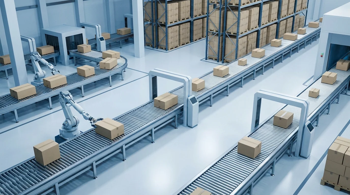 A modern logistics warehouse featuring automated systems with organized packages for international shipping, representing the efficiency of global distribution networks.