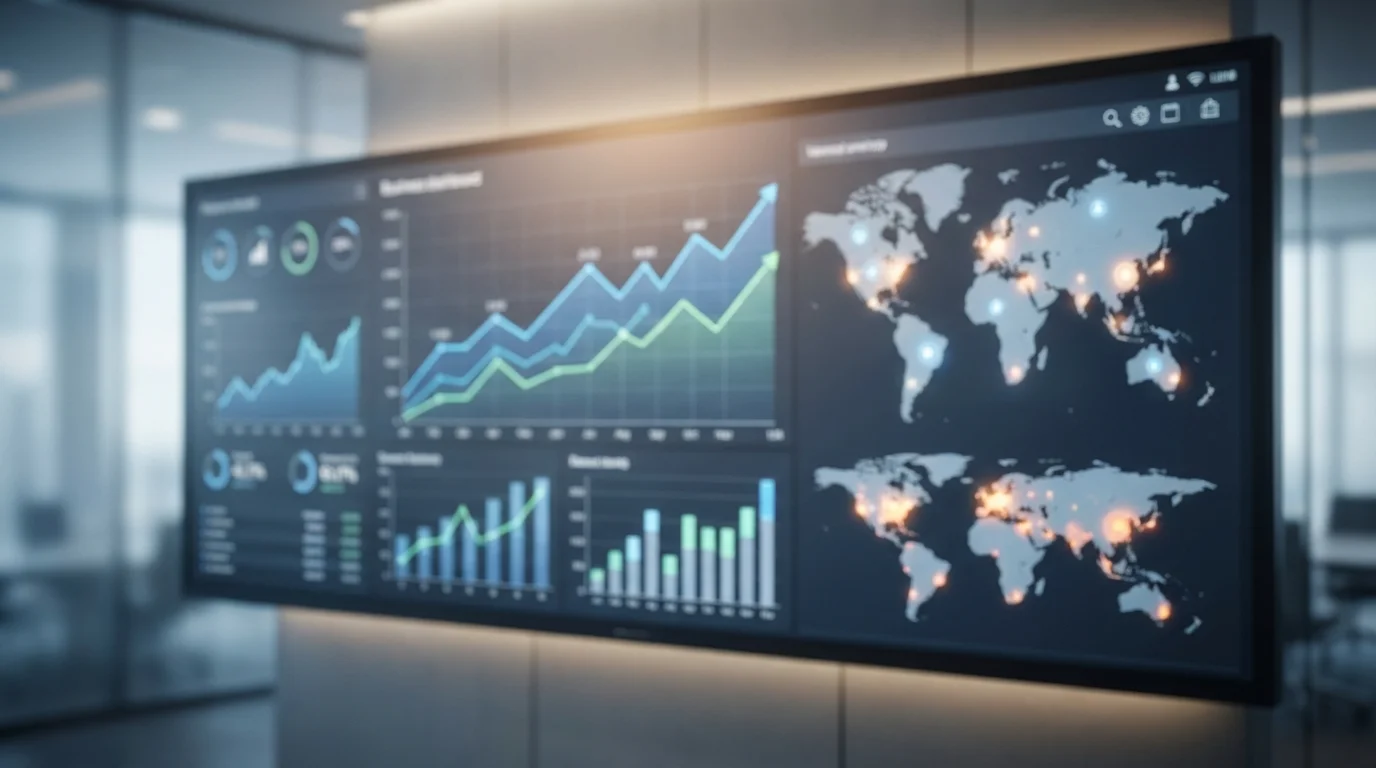 A professional business dashboard showing growth metrics, data charts, and global sales performance indicators, representing the strategic advantages of B2B e-commerce platforms for corporate scaling.