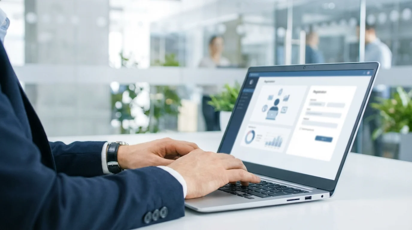 Close-up of a business professional working on a laptop with a clean, modern office background, focusing on the digital registration process and administrative tasks for online market entry.