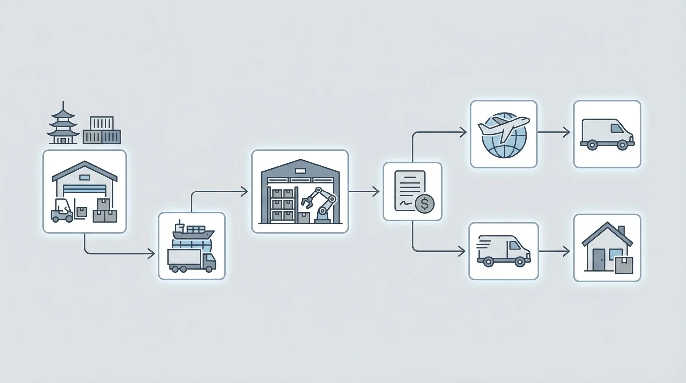 A detailed technical flowchart showing the logistics path from a Japanese warehouse through Amazon FBA to an international customer, including customs clearance, duty management, and final mile delivery steps for global e-commerce.