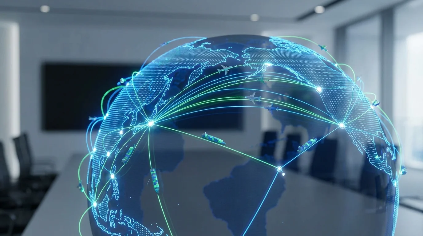 A high-tech logistics visualization showing cargo planes and ships moving across a digital globe with data nodes connecting Japan and the United States, symbolizing professional cross-border e-commerce supply chain management.