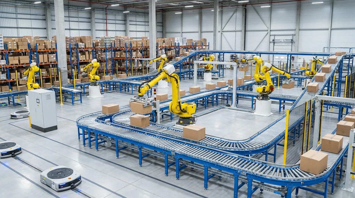 An advanced automated warehouse facility with robotic arms and conveyor belts processing packages efficiently, representing the scale and technological power of Amazon's fulfillment network in the USA.