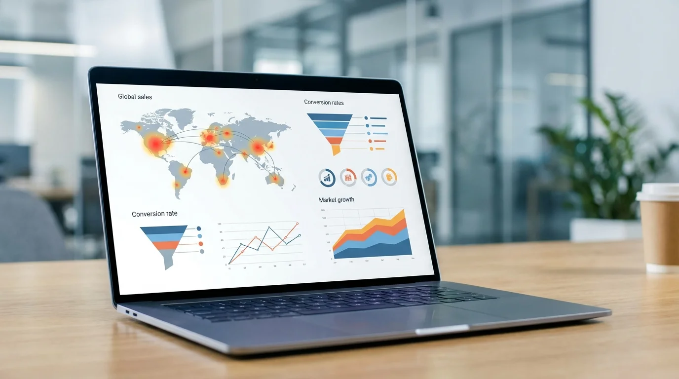 A detailed business dashboard showing global sales analytics, conversion rates, and market growth charts on a laptop screen, representing the strategic data analysis required for cross-border e-commerce entry.