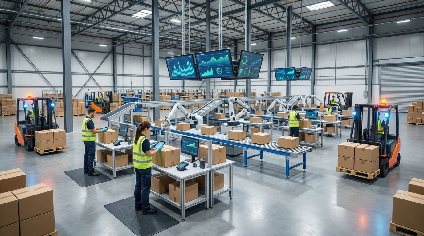 A modern warehouse operation where workers are packing boxes labeled for international shipping, utilizing advanced logistics technology and automated sorting systems for global distribution.