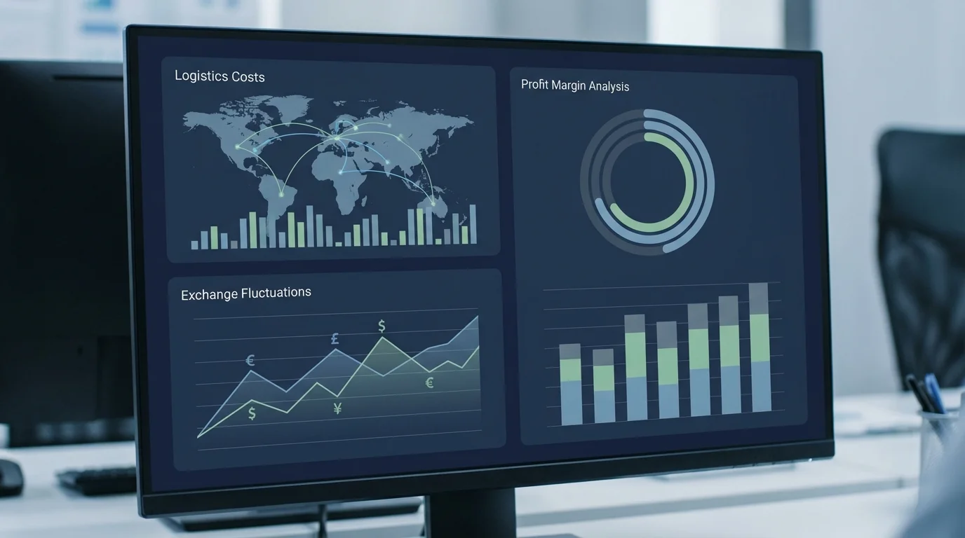 Professional business dashboard showing international shipping logistics costs, currency exchange fluctuations, and profit margin analysis in a clean tech-focused interface with data charts and financial indicators.