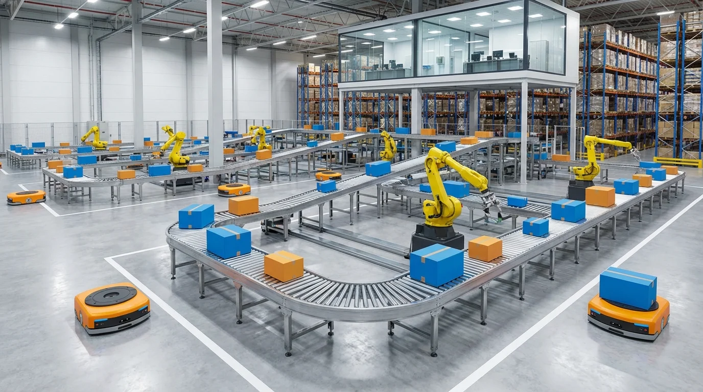 Automated warehouse facility with advanced robotics and conveyor belts processing global e-commerce packages, representing efficiency in fulfillment services and modern logistics optimization.