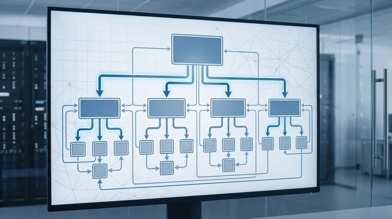 Technical architectural diagram of a website's internal link ecosystem. The visual illustrates a hierarchical structure with a clear top-down flow from the homepage to category levels and individual product pages, demonstrating how internal links distribute link equity and improve search engine crawl efficiency across a complex domain.