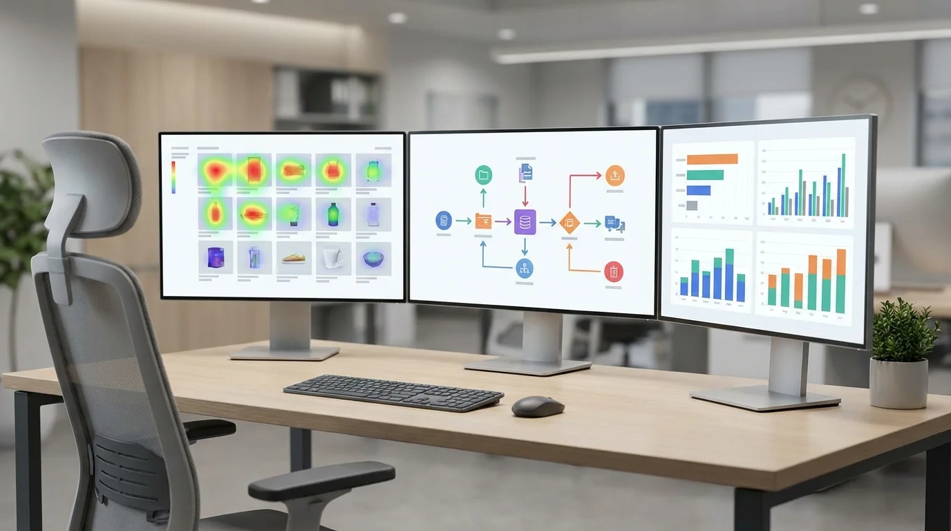 A professional workspace showing multiple screens with search engine result page analysis tools, heatmaps, and user behavior flow diagrams for e-commerce optimization.